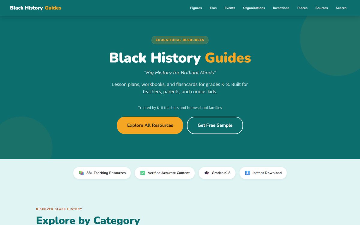 Black History Guides: the home page offering lesson plans, workbooks and flashcards
