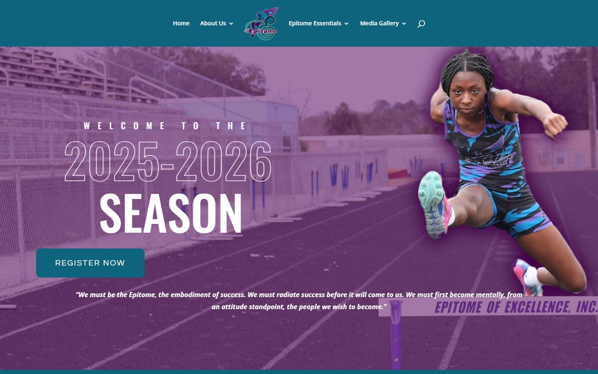 The Epitome of Excellence website: the 2025 to 2026 season page with a Register Now button