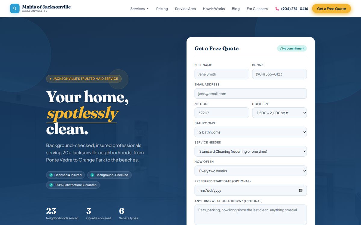 The Maids of Jacksonville home page: a headline about Jacksonville neighborhoods on the left and a Get a Free Quote form on the right