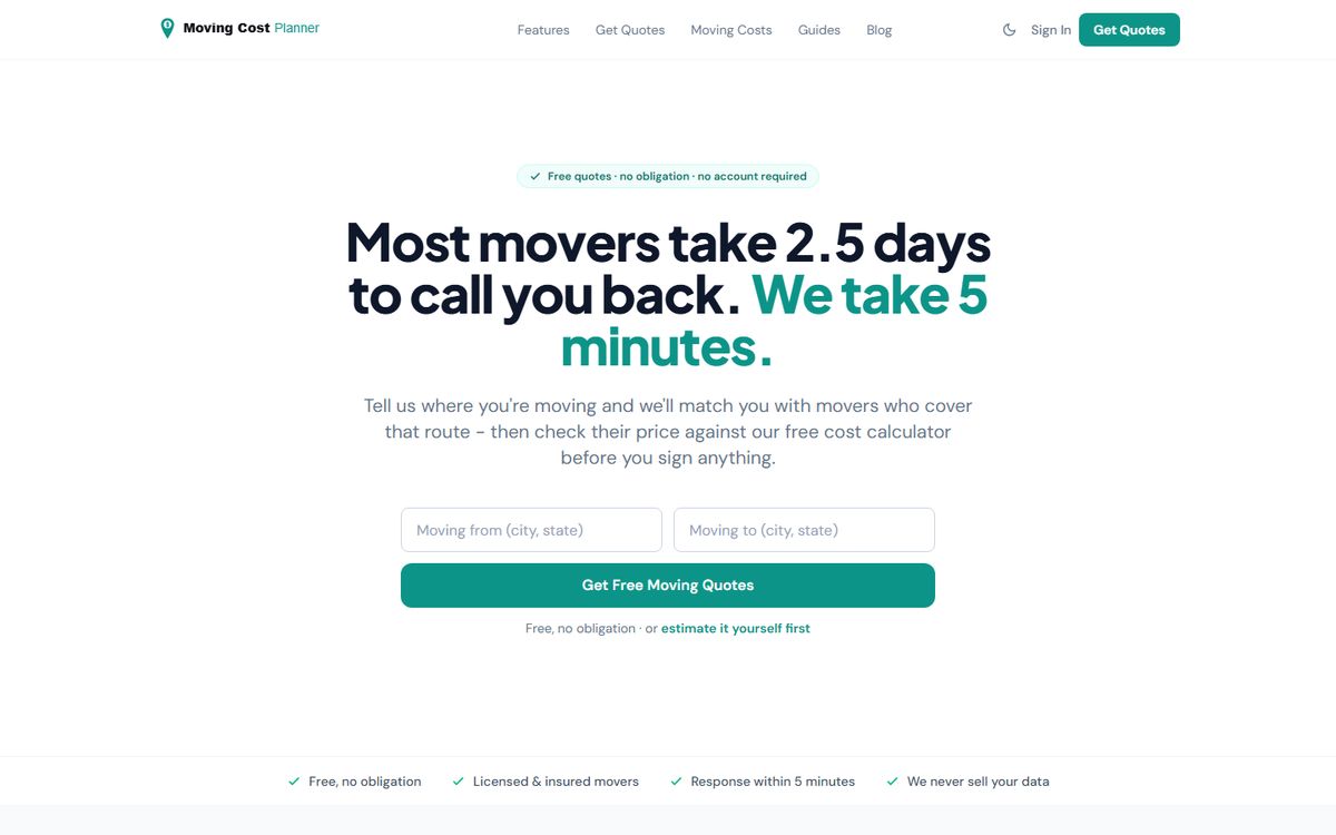 Moving Cost Planner home page with a moving from and moving to form for free moving quotes