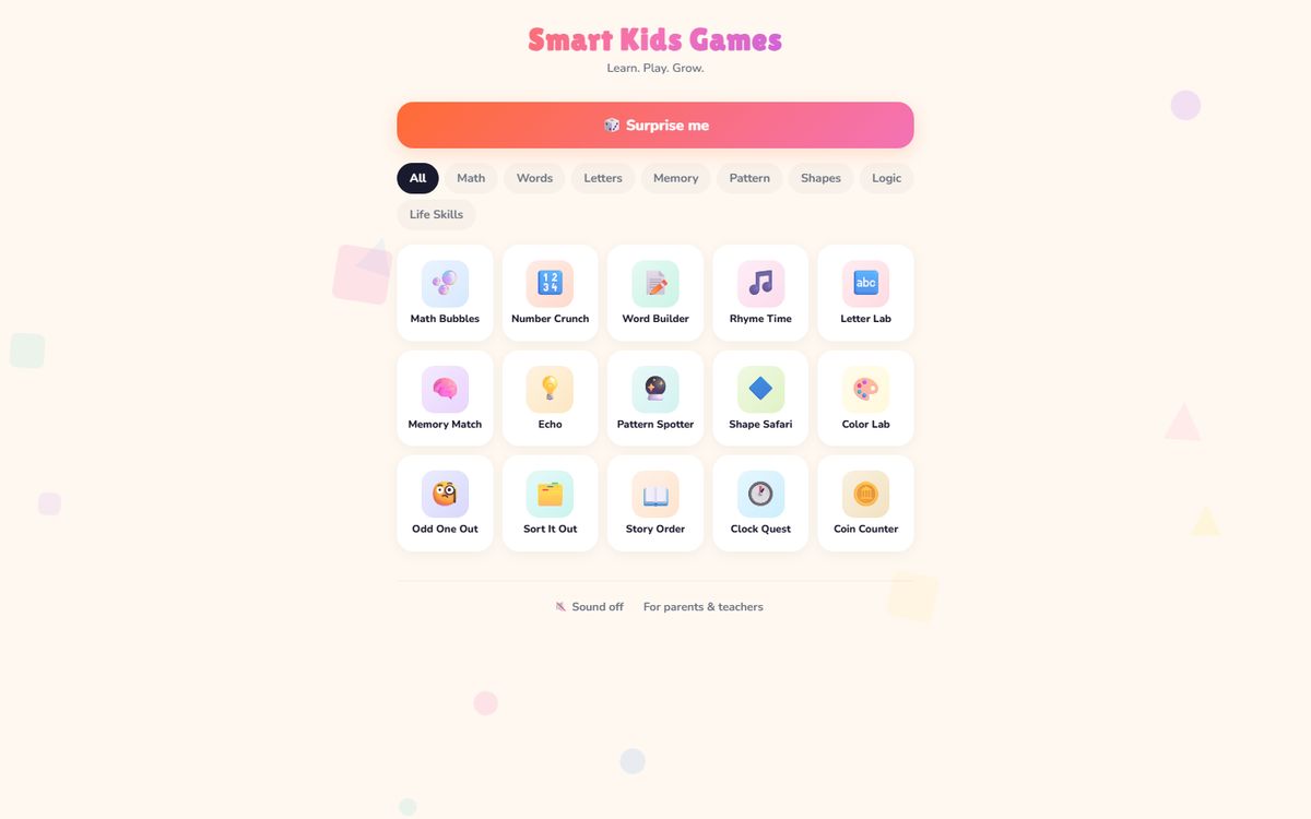 Smart Kids Games: a grid of learning games like Math Bubbles, Word Builder and Clock Quest