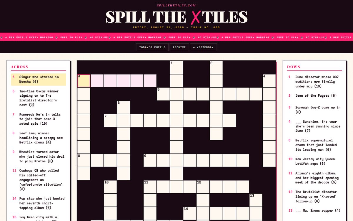 Spill The Tiles: today's crossword grid with its across and down clues